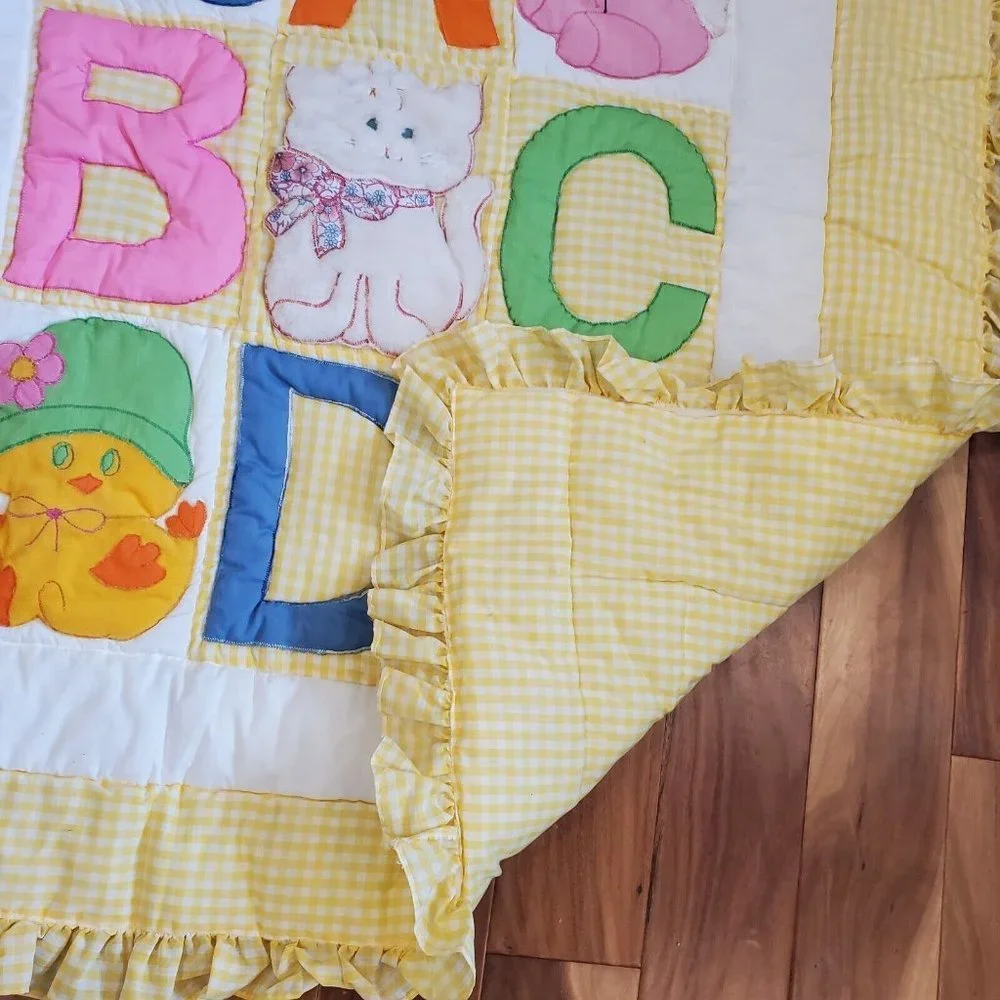 Vintage ABC Animal Nany Nursery Quilt Tapestry Yellow Plaid Wall Hanging 44 X 51